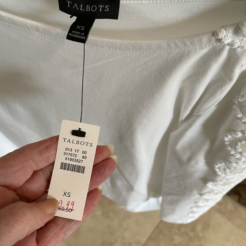 White Talbots Shirt With Open Crochet Sleeves. Nwt